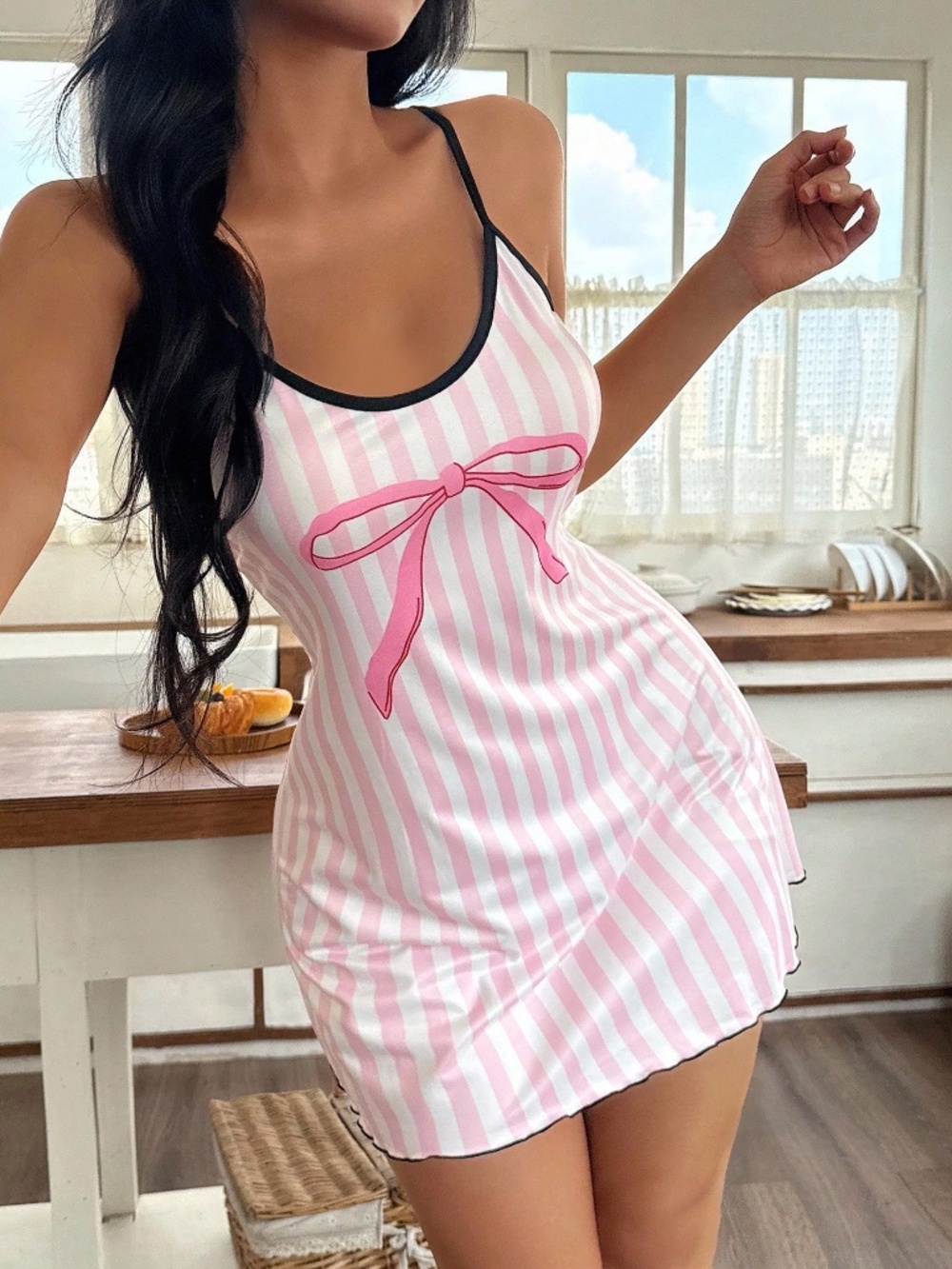 SweetSlumber Size Medium M Pink & White Striped Bow Print Nightgown lot6092